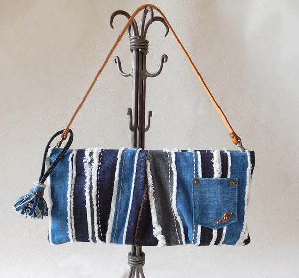 2way♪ブルー Patchwork Denim Clutch Bag 04 2枚目の画像