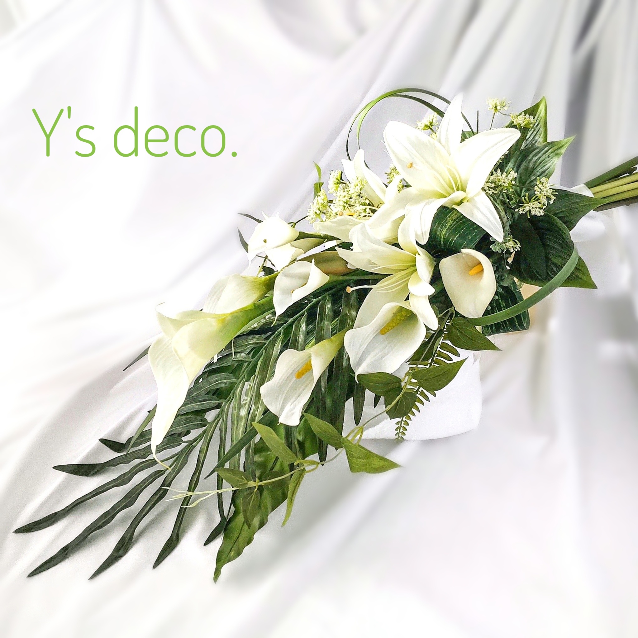 【生花に見える】カラー カサブランカ   ウェディングブーケ  白  造花 ブーケ   ブートニア リゾート婚 人気