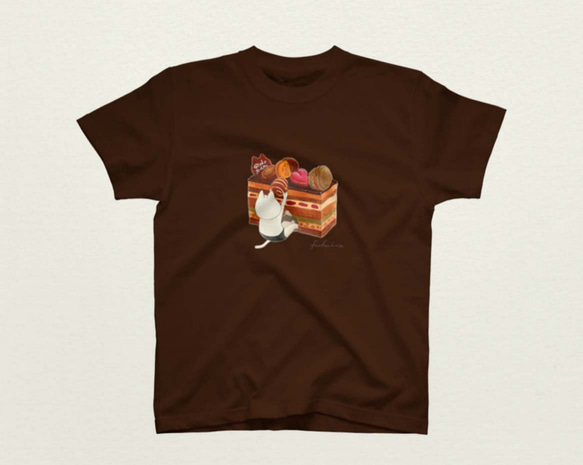 オペラケーキとネコぱんのTシャツ ブラウン レディースMサイズ【短期発送】 6枚目の画像
