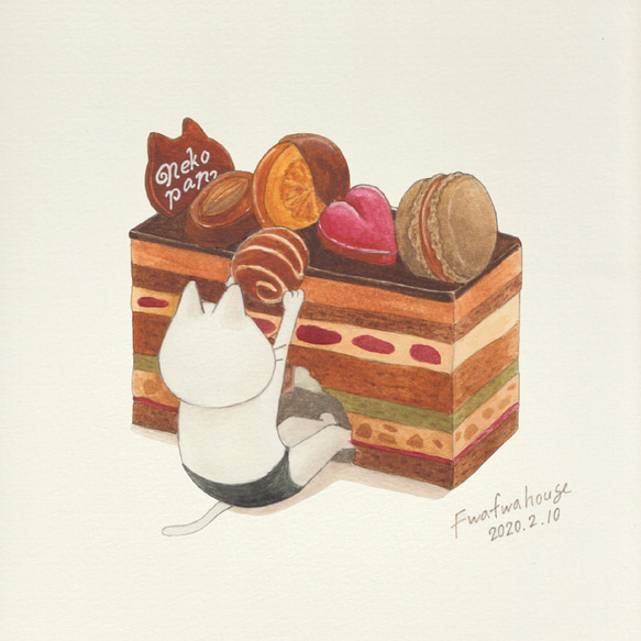 オペラケーキとネコぱんのTシャツ ブラウン レディースMサイズ【短期発送】 4枚目の画像