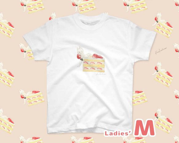 ショートケーキとネコぱんのTシャツ ホワイト 白 レディースMサイズ【短期発送】 5枚目の画像