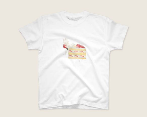 ショートケーキとネコぱんのTシャツ ホワイト 白 レディースMサイズ【短期発送】 6枚目の画像