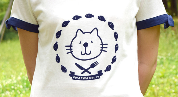 【再販】Lサイズ ネコぱん袖リボンTシャツ お魚エンブレム ホワイト 夏のお出かけに♪ 5枚目の画像