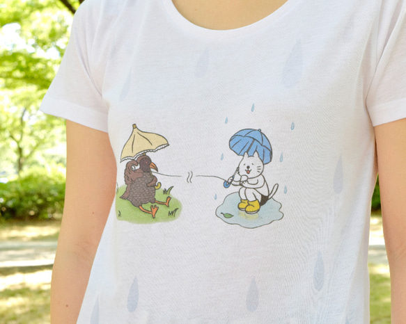 ネコぱん しずく模様の雨のち晴れTシャツ レディースLサイズ 5枚目の画像