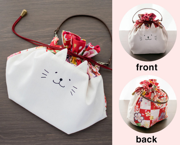 ネコぱんお出かけ3way巾着バッグ 和風 桜柄 赤市松模様 1枚目の画像