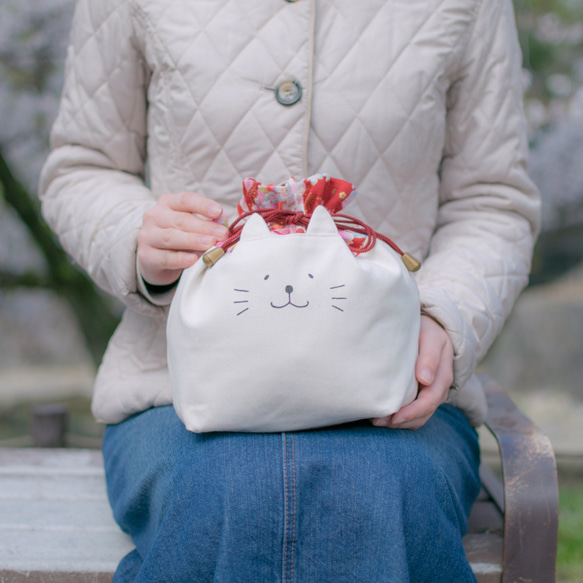 ネコぱんお出かけ3way巾着バッグ 和風 豪華な桜模様 10枚目の画像