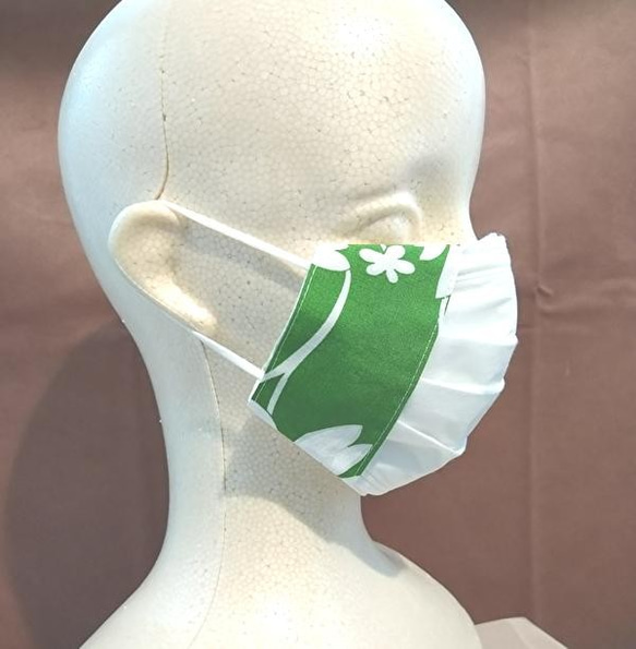 【送料無料】ハワイ産アロハ生地使用の柳葉型マスク（フィルター、ノーズワイヤー入り）グリーン 6枚目の画像