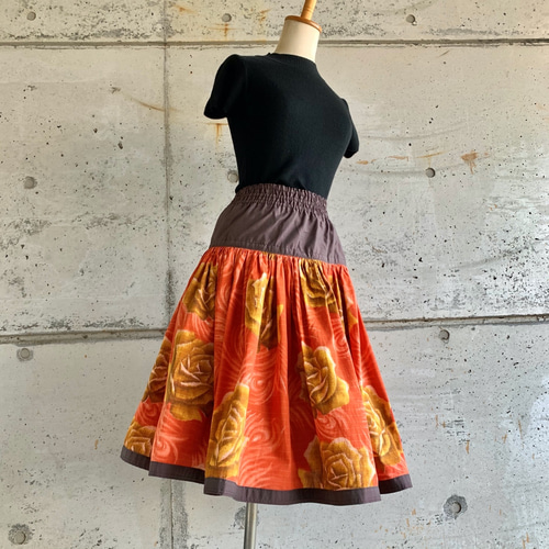 S~M size 黄色いバラと孔雀の羽の布団皮スカート フレアスカート  