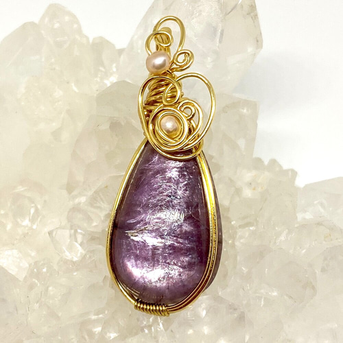 天然石 ラブラドライト＆パープルトルマリン ワイヤーラッピング