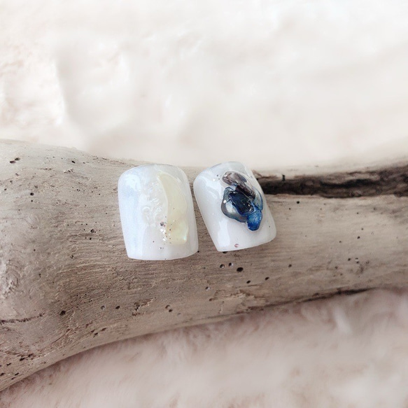 白 シェル クリスタルピクシー ホワイト 貝 南国 夏 海 ネイルチップ つけ爪 ペディキュア フット ハンドメイド 3枚目の画像