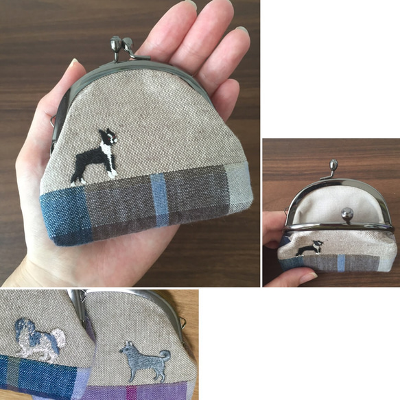犬×チェック柄 がま口コインケース リトアニアリネン 4枚目の画像