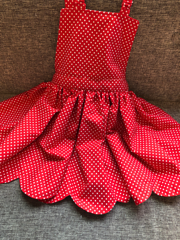 専用袋付き子供用フリルエプロン(赤ドット)三角巾セット 2枚目の画像