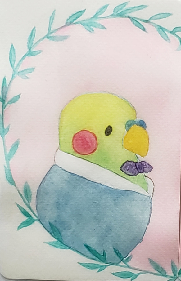 Happy wedding♡セキセイインコのミニ原画 2枚目の画像