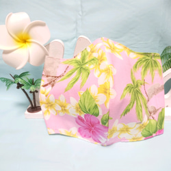 《即日発送》《送料無料》ハワイアン柄 キラキラ花柄×パームツリー ピンク さらさら大きめ立体マスク 3枚目の画像