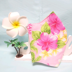 《即日発送》《送料無料》ハワイアン柄 キラキラ花柄×パームツリー ピンク さらさら大きめ立体マスク 4枚目の画像