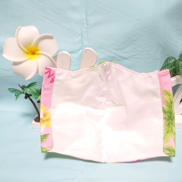 《即日発送》《送料無料》ハワイアン柄 キラキラ花柄×パームツリー ピンク さらさら大きめ立体マスク 5枚目の画像