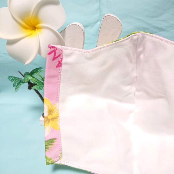 《即日発送》《送料無料》ハワイアン柄 キラキラ花柄×パームツリー ピンク さらさら大きめ立体マスク 6枚目の画像