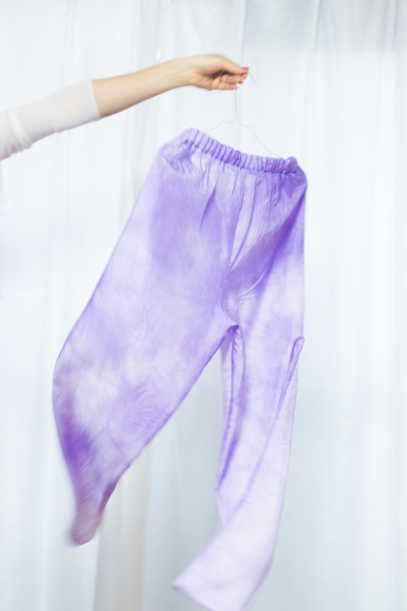 KINU Garments 1点もの　着物裏地リメイク　淡い紫ウエストゴムのパンツ　 2枚目の画像