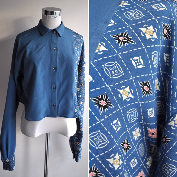 SALE 着物リメイク　ブルーと柄のドッキングショートシャツ　難あり 1枚目の画像