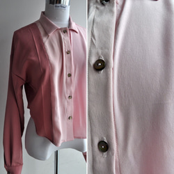SALE 着物リメイク　ペールピンクとローズのドッキングシルクショートシャツ　 2枚目の画像