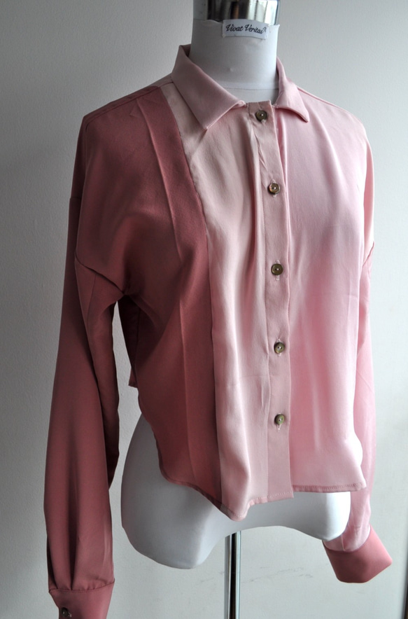 SALE 着物リメイク　ペールピンクとローズのドッキングシルクショートシャツ　 3枚目の画像