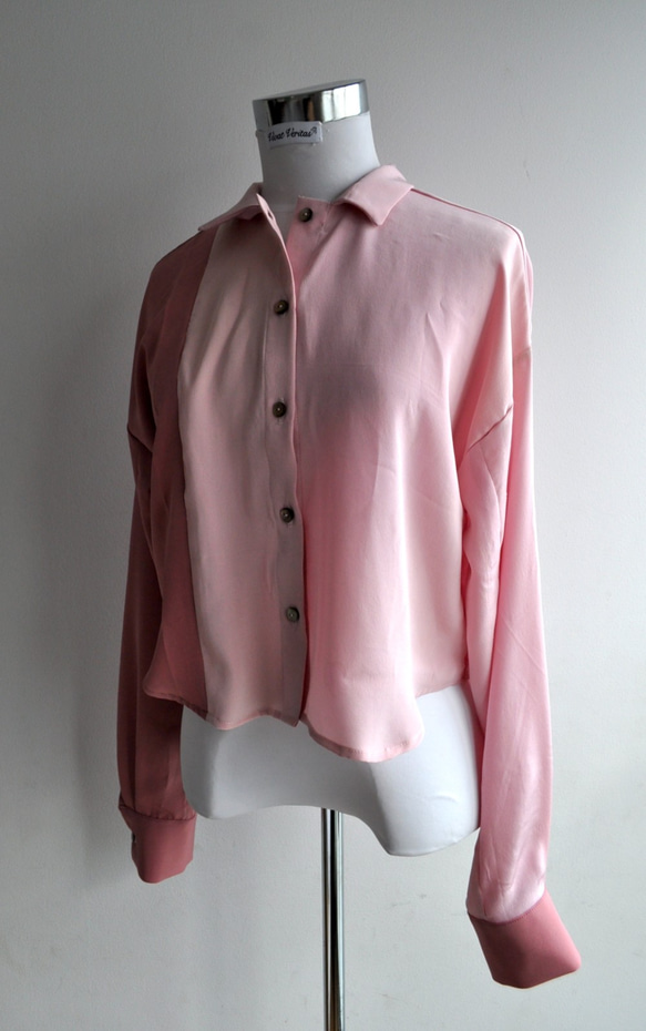 SALE 着物リメイク　ペールピンクとローズのドッキングシルクショートシャツ　 4枚目の画像