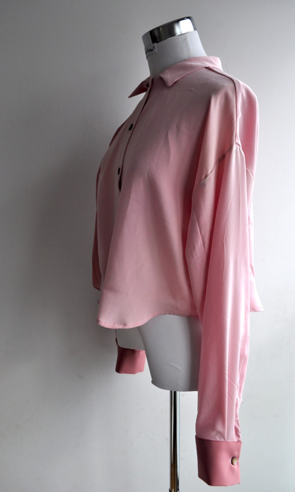SALE 着物リメイク　ペールピンクとローズのドッキングシルクショートシャツ　 5枚目の画像