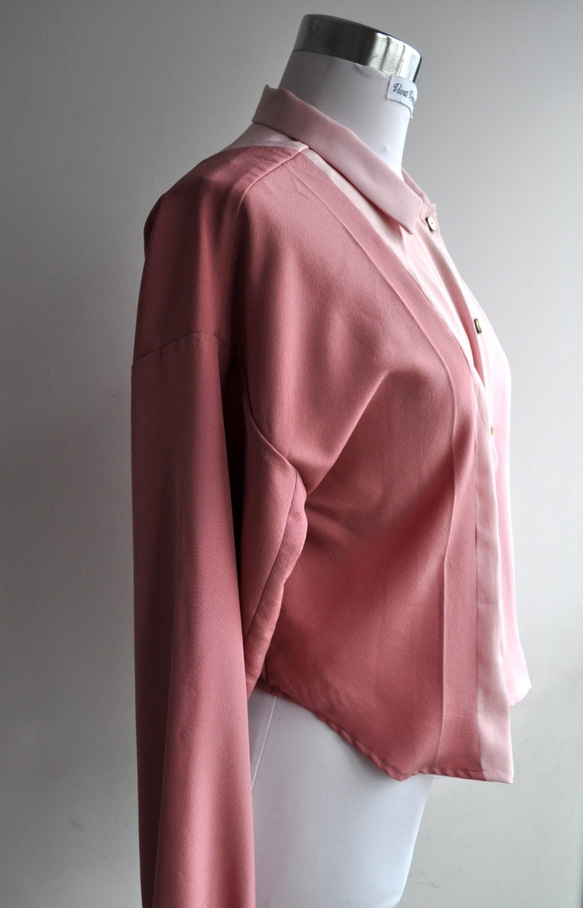 SALE 着物リメイク　ペールピンクとローズのドッキングシルクショートシャツ　 6枚目の画像