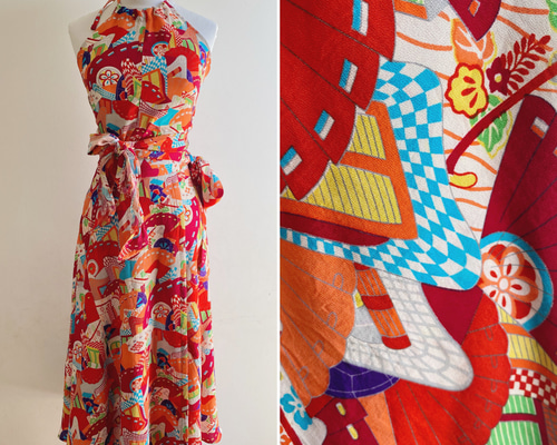 展示品　◇着物リメイク◇  セットアップ　薄紅色　ベルト付き　1点もの 展示品 ◇着物リメイク◇ セットアップ 薄紅色 ベルト付き 1点もの