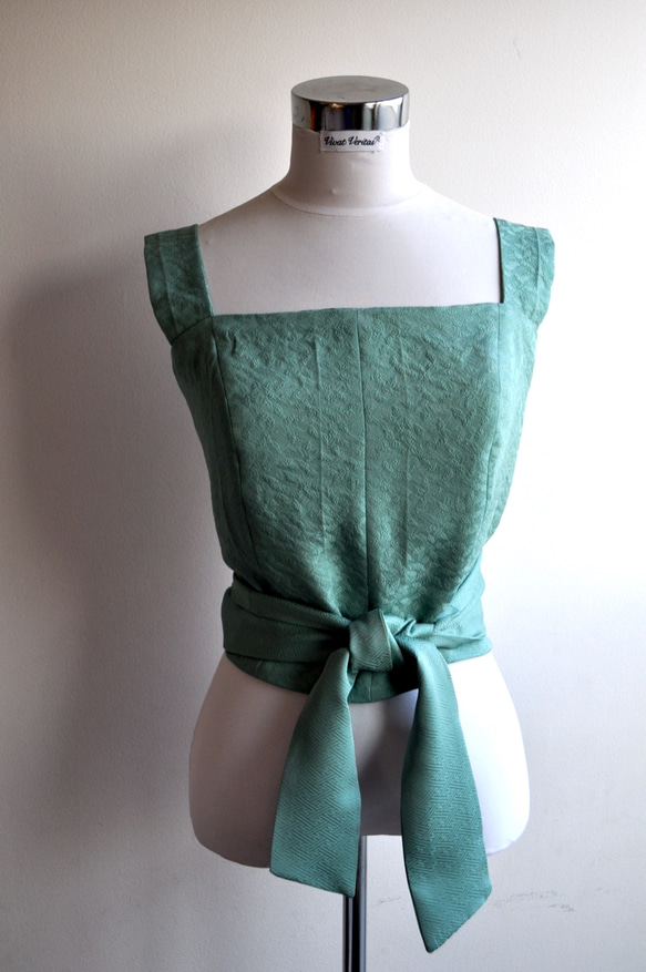 着物リメイク エメラルドグリーン　正絹着物で作った2wayビスチェ (S25) 3枚目の画像