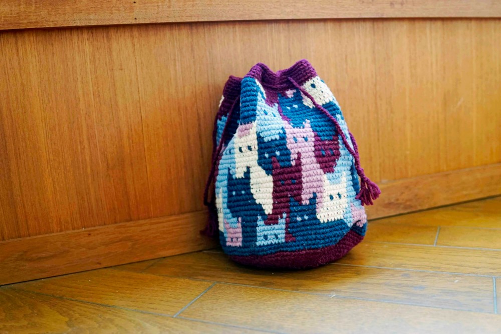 【即納可】ねこねこバッグ（N-410164-パープル）・ペルーニット