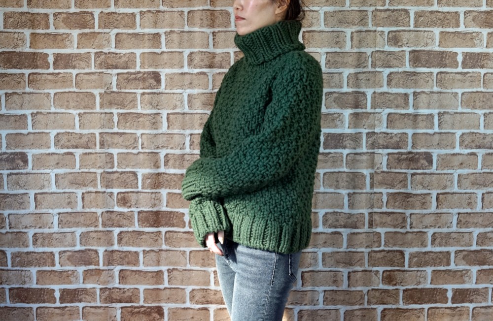 ケーブルニット 4838【美品】RRL タートルネック　カーキ　ローゲージ　S