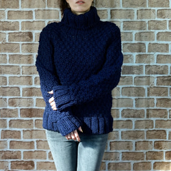 完売】ローゲージニット・タートルネック（NP-3608-ネイビー）・ウール
