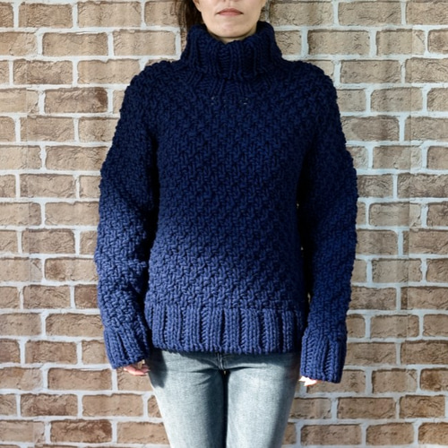 完売】ローゲージニット・タートルネック（NP-3608-ネイビー）・ウール