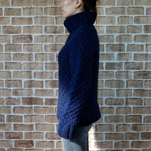 完売】ローゲージニット・タートルネック（NP-3608-ネイビー）・ウール