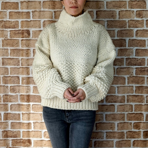 完売】ローゲージウール・ざっくりタートルニット（N-390088-白