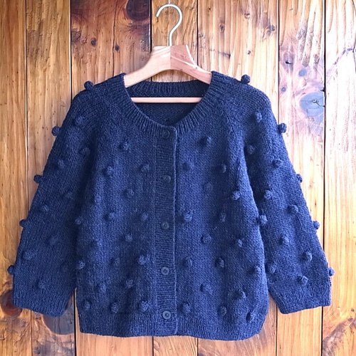 完売】アルパカウール・ポンポン・カーディガン（N-380051-ネイビー  