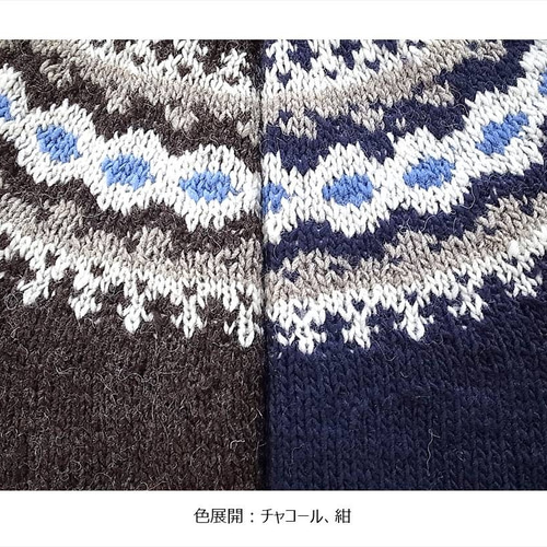 完売】フェアアイル柄・半袖トップ（N-360078-紺）ウール・求心編み