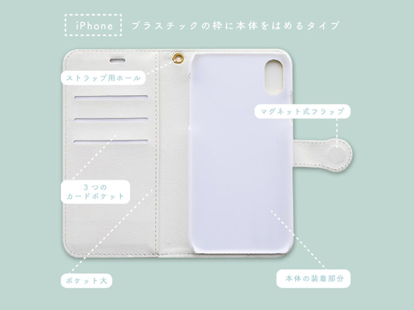 【名入れOK】手帳型スマホケース / Fleurs et Papillons(white) 5枚目の画像