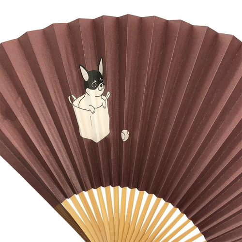 金ウン扇子 チワワ/えんじ色 [わんにゃん見返し扇子] ~京扇子