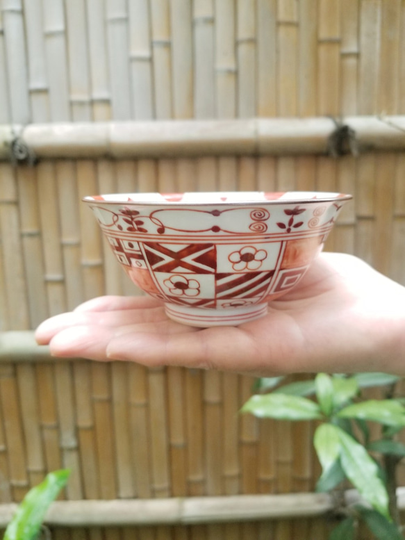 【京焼清水焼】赤絵市松紋飯碗(小） 2枚目の画像