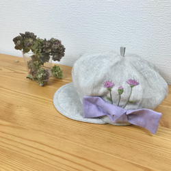 【大人】 国産リネンノアザミ刺繍リボンキャスケット 3枚目の画像