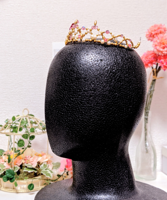 一点もの バレエ ティアラ ピンク ゴールド 発表会 コンクール　金平糖 ドルシネア 頭飾り 髪飾り 6枚目の画像