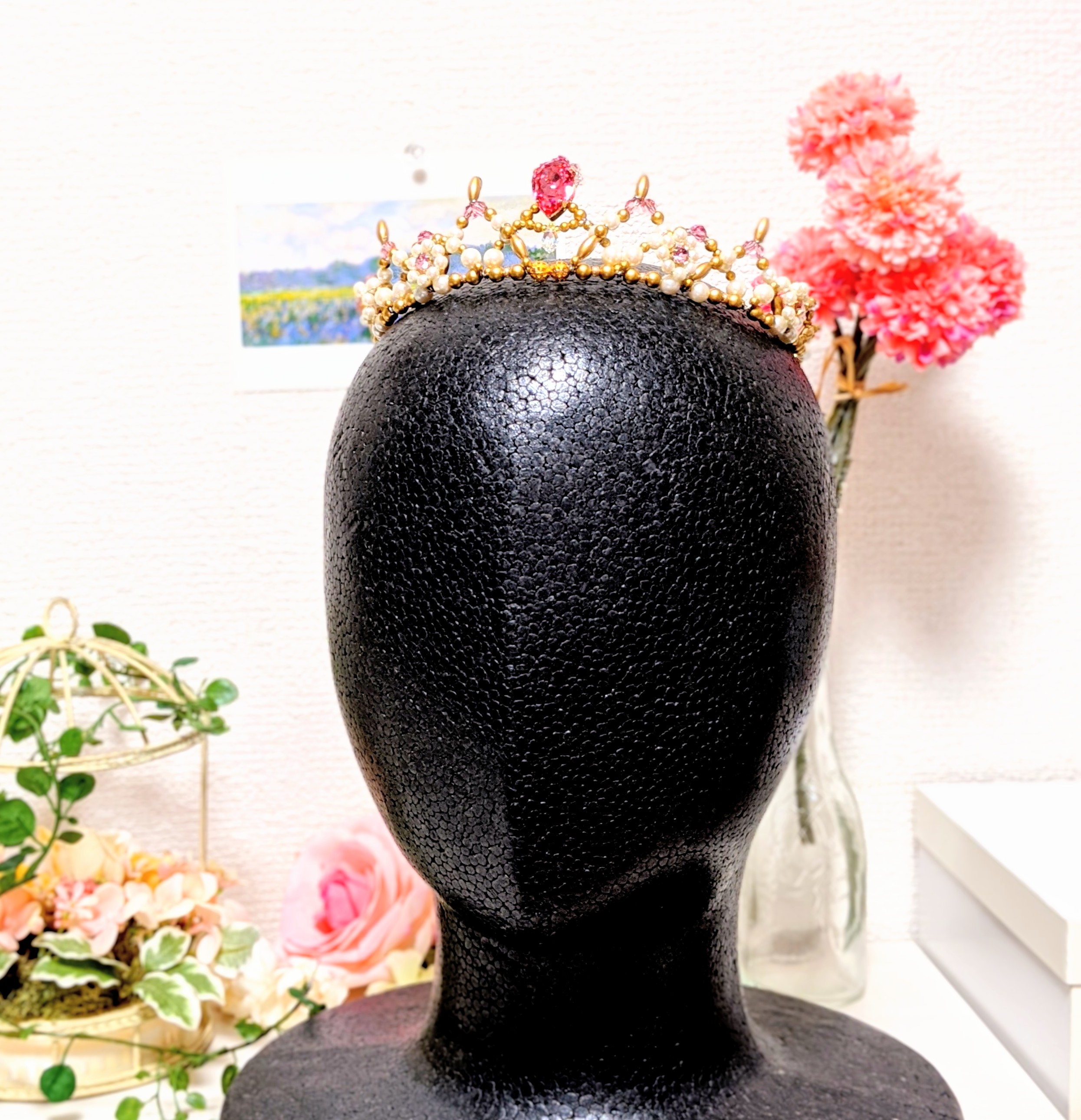 一点もの バレエティアラ　ピンク ゴールド パール  発表会 コンクール　ティアラ クラウン 金平糖ローズ