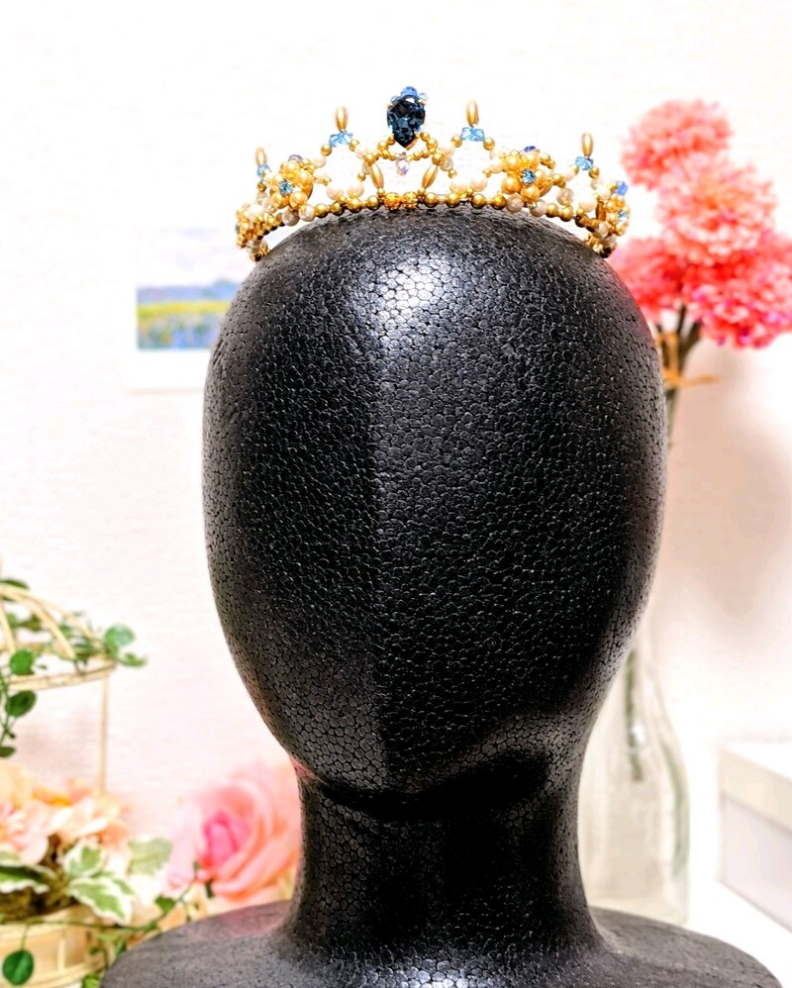 一点もの ベッドピース バレエティアラ　新作 花 ブルー ゴールド パール  発表会 コンクール　クラウン