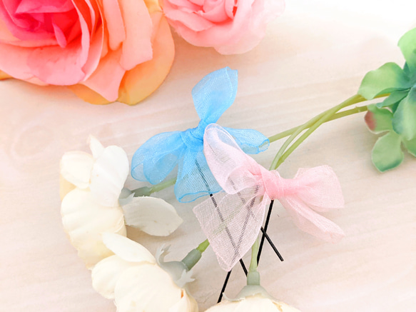 色・組み合わせ自由　リボン　Ｕピン２個　オーガンジー　ブルー　水色　白　ピンク　ローズピンク　バレエ　キッズ　シニヨン 4枚目の画像