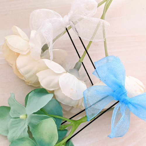 色・組み合わせ自由 リボン Uピン2個 オーガンジー ブルー 水色 白