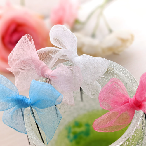 色・組み合わせ自由 リボン Uピン2個 オーガンジー ブルー 水色 白