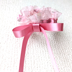 オーガンジー　リボン　シュシュ　プリンセス　パステルカラー　ローズピンク　パール　ビーズ　ゴム取替可　おだんご　バレエ 4枚目の画像
