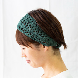 リネンとコットンで頭を優しく包む、透かし編みのヘアバンド。長さ調節可。色：茶・緑・黒・桃・白・水 10枚目の画像